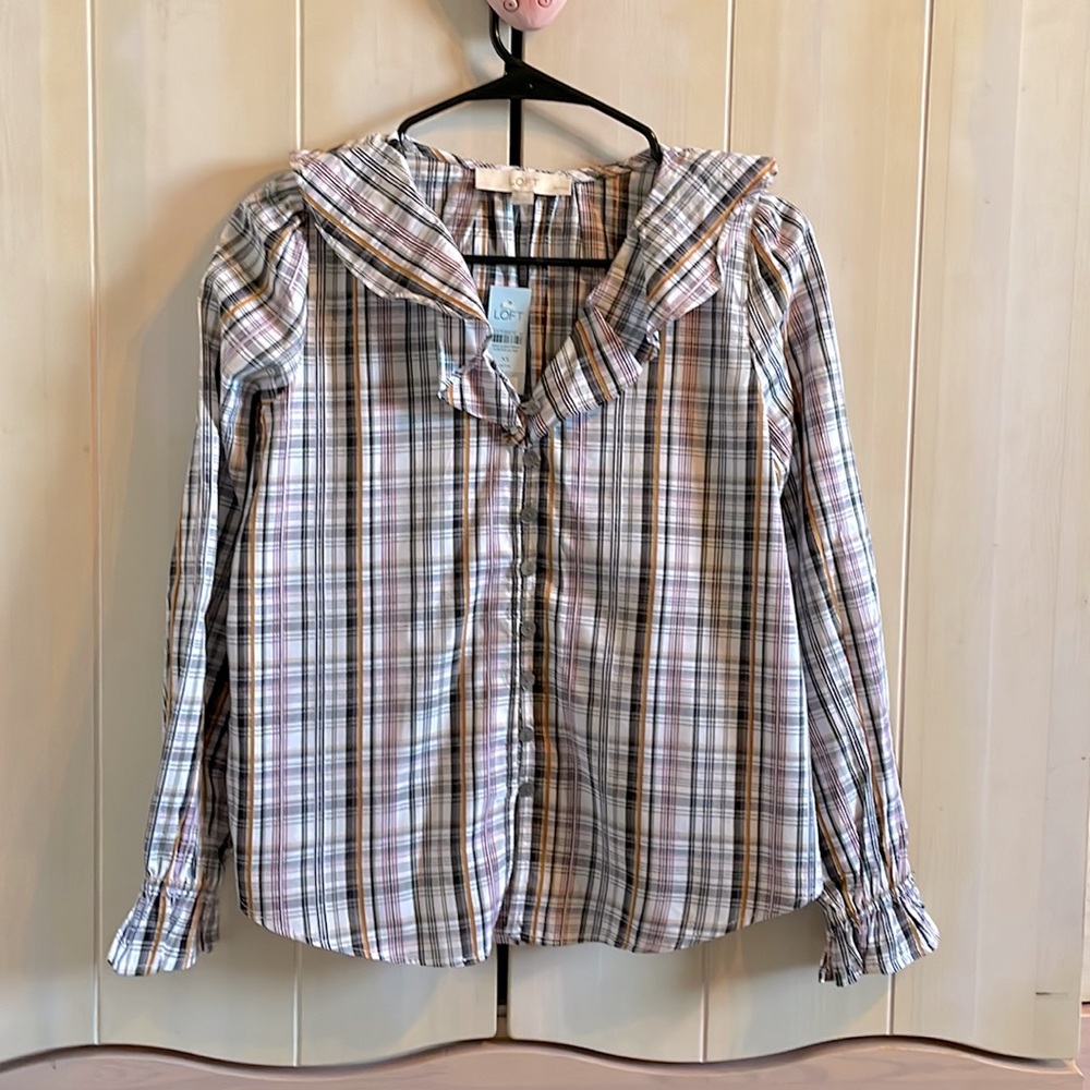 LOFT - Petite Plaid Ruffle V-Neck Blouse